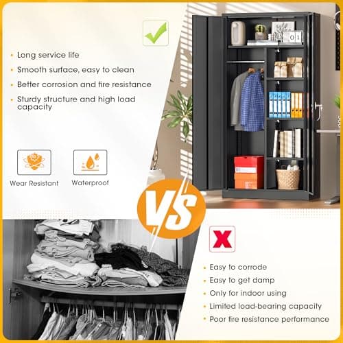 Greenvelly Black Metal Storage Wardrobe with Lock & Shelves, 72" Closet for Home, Office & Bedroom