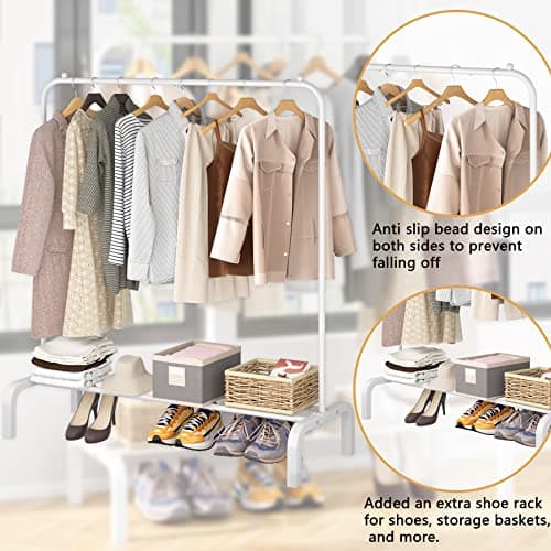 White Metal Clothes Rack with Bottom Shelf for Hanging Shirts Jeans Coats