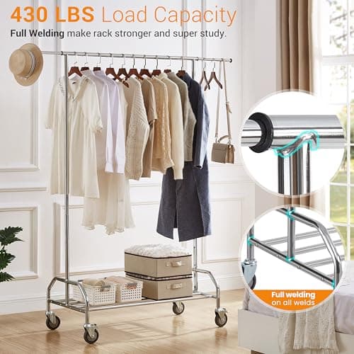 LiaMeE Heavy Duty Clothing Rack, Adjustable Rolling Rod & Shelf, Chrome Plated