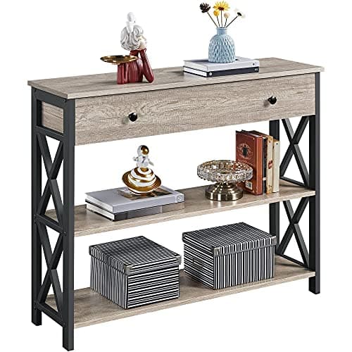 Yaheetech Narrow Console Table with Drawer & Storage Shelves, Light Oak, 3-Tier Living Room Table