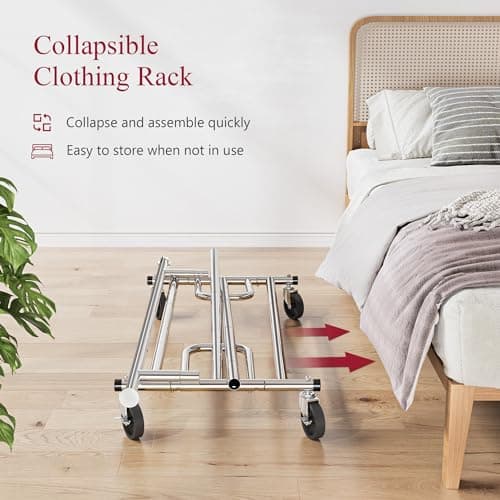 Heavy Duty Clothes Rack with Wheels and Extendable Rod, Freestanding Clothing Rack for Hanging Clothes, Adjustable Rolling Racks