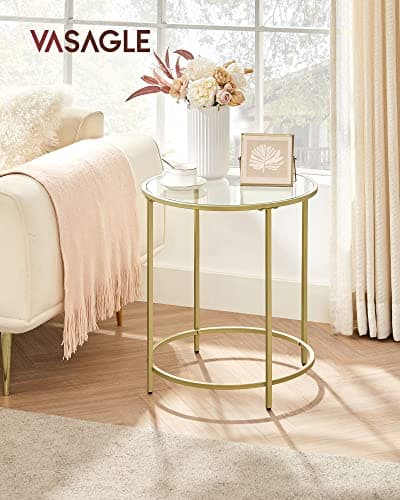 VASAGLE Gold Round Side Table Set, Glass Top Metal Frame, Modern Living Room Furniture
