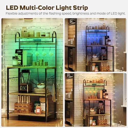 Microwave Stand with Power Outlets, LED Lights, 4-Tier Rack, Kitchen Storage, HB20BR Brown
