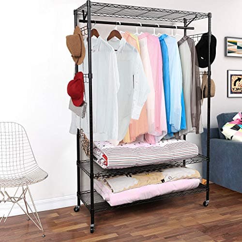 Homdox Heavy Duty Rolling Clothing Rack with Shelves and Side Hooks