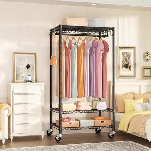 Heavy Duty P6 Rolling Clothes Rack, Max 380 LBS, Portable Closet Rack, Black