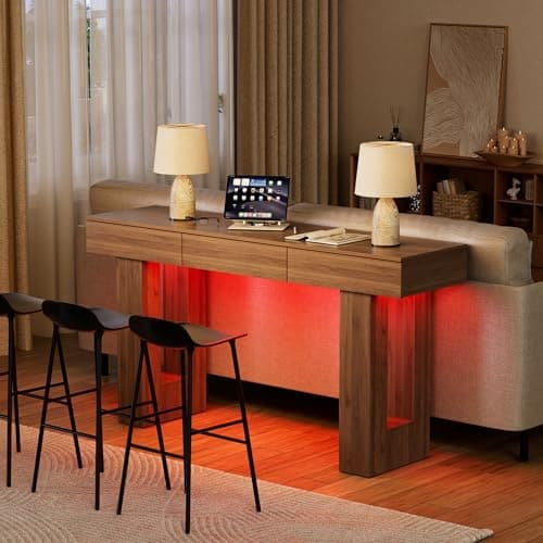PAKASEPT Natural 63-Inch Console Table with Colorful LED Lights and 3 Drawers