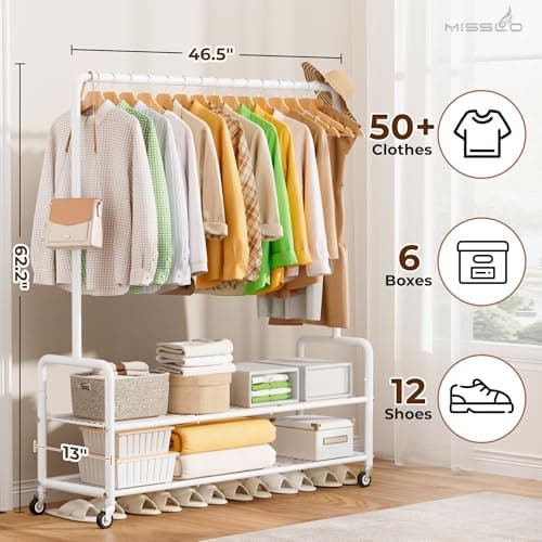 MISSLO Heavy Duty Rolling Clothes Rack with Shelves, White