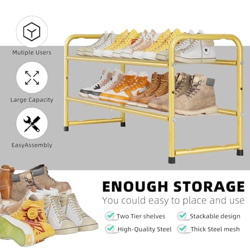 Gold 2 Tier Metal Shoe Organizer, 32" Heavy Duty Closet Rack