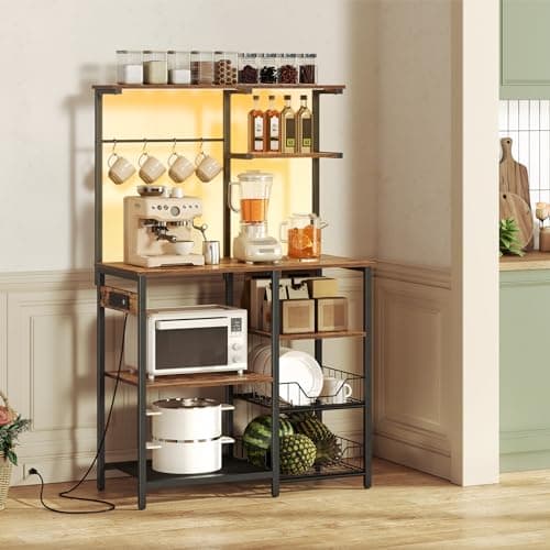 HOOBRO 6-Tier Bakers Rack with Power Outlet & LED Light, Rustic Brown & Black BF64UDHB01
