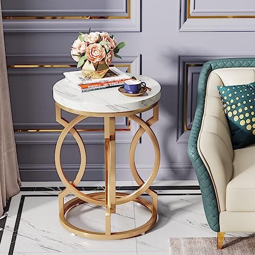 Tribesigns White + Gold O-Shaped Metal Base Round End Table Set of 2