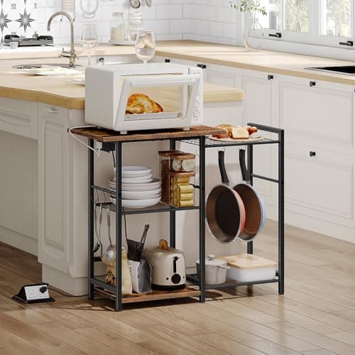HOOBRO Black & Rustic Bakers Rack with Charging Station, BF15UHB01
