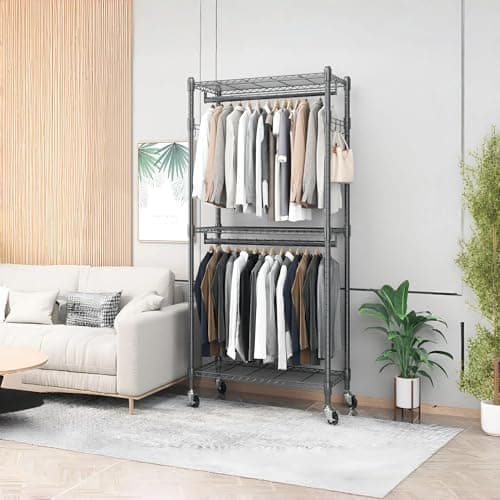 BATHWA Narrow 2-Tier Garment Rack for Saving Space, Portable with Wheels & Double Rods