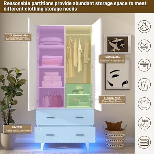 2 Door White Armoire Wardrobe with LED Lights & Large Storage