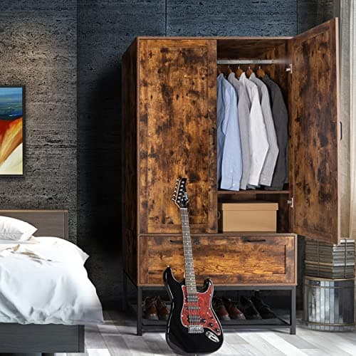 VINGLI Rustic Grey Wide Armoire Wardrobe Closet