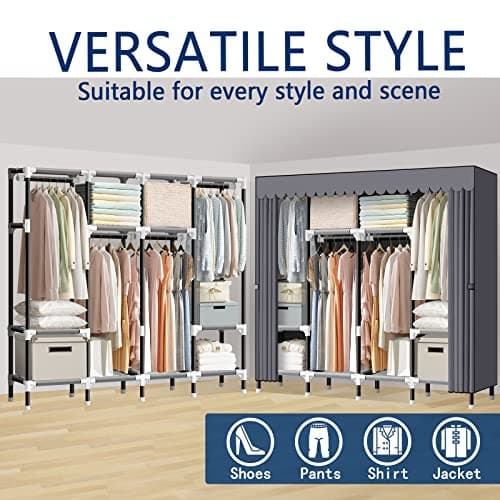 Loceme 67 Inch Portable Wardrobe Closet with 4 Hanging Rods, 25mm Steel Tube, Gray Cover