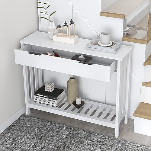 TaoHFE White Narrow Console Table with Storage for Living Room and Entrance