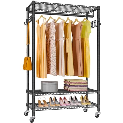 Heavy Duty Rolling Clothing Rack with Wheels and Hooks