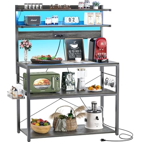 Aheaplus Black Kitchen Bakers Rack with Power Outlet & LED Lights, 5 Tiers Coffee Bar Stand