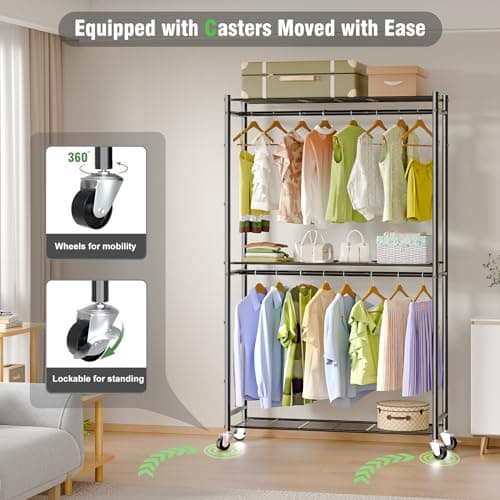 Portable Metal Clothes Rack with Double Rods & 3 Wire Shelves