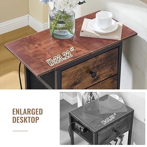 End Table with Charging Station and Drawers, Slim Side Table with USB Ports, Rustic Brown Wood Desktop Table