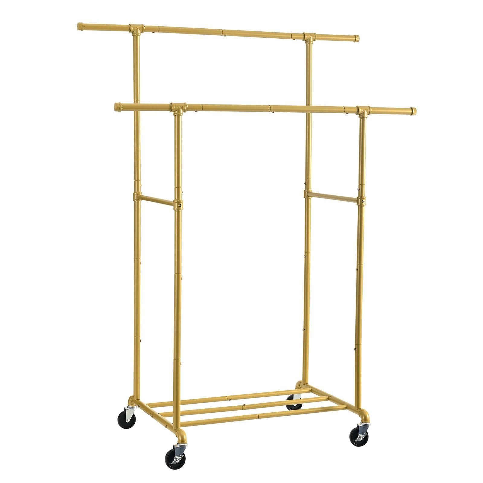 Heavy Duty Rolling Clothes Rack, Gold, Max 400Lbs, Double Rod Organizer