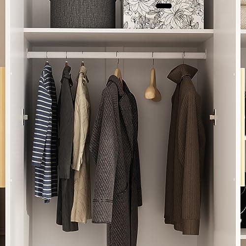 AIEGLE 3-Door Wood Wardrobe Armoire, Large Standing Closet with Shelves & Rod, White (70" H)