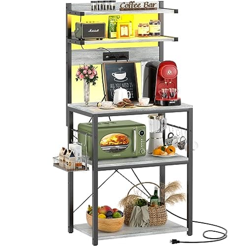 Aheaplus Black Kitchen Bakers Rack with Power Outlet & LED Lights, 5 Tiers Coffee Bar Stand