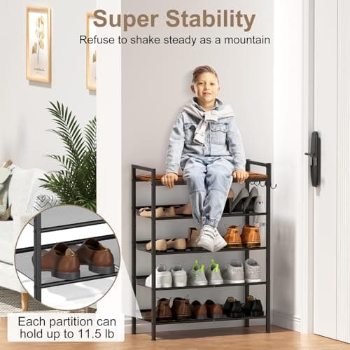 Height-Adjustable 4-Tier Metal Shoe Rack with Steel Frame and Hook, Sturdy Wooden Top