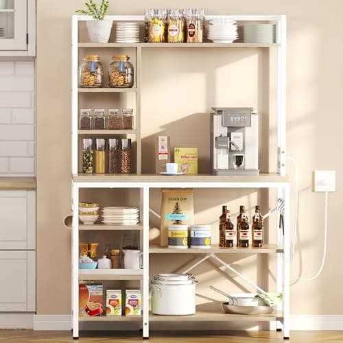 YITAHOME Microwave Stand Baker's Rack with Power Outlet, 39" Oak & White