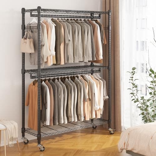 BATHWA Heavy Duty Rolling Wardrobe Rack, 8 Side Hangers, Black