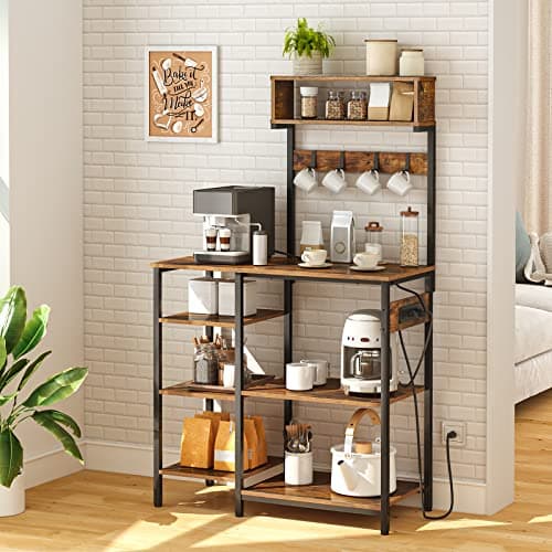 HOOBRO 35.4 Inch Bakers Rack with Power Outlet & 6 Tiers Storage, Rustic Brown & Black