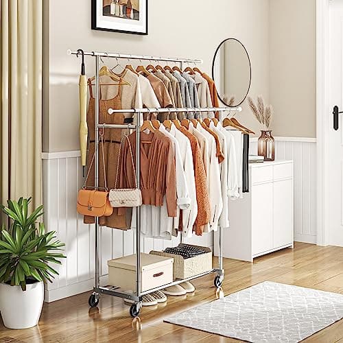 Trending Double Rod Clothing Rack with 4 Hooks & Wheels, Chrome