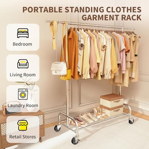 Sturdy 450 LBS Standing Rollable Clothes Rack, Silver Metal Closet Wardrobe