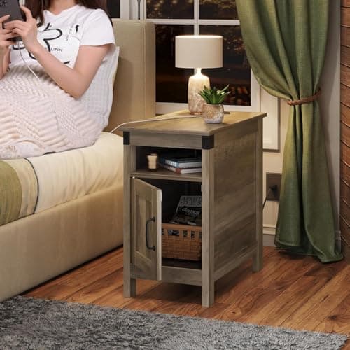 WLIVE Greige Farmhouse End Table Set with Charging Station