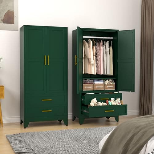 Green Metal Armoire Wardrobe with Shelves and Rod (71")