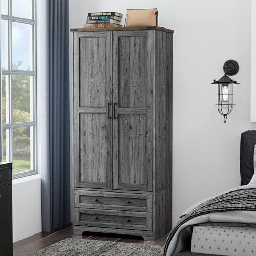 Yechen 71" Natural Wooden Storage Armoire with Adjustable Shelves & Hanging Rail