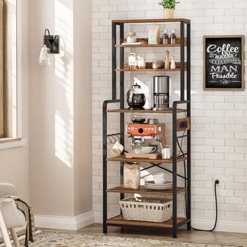HOOBRO 7-Tier Brown Bakers Rack with Power Outlet & Hooks, Microwave Stand