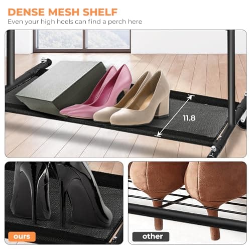 Heavy Duty Metal Rolling Clothing Rack with Lock, Bottom Shelves for Shoes, 63" H, Black