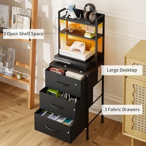 Fixwal 41 Inch Black Tall Nightstand with Charging Station & LED Light