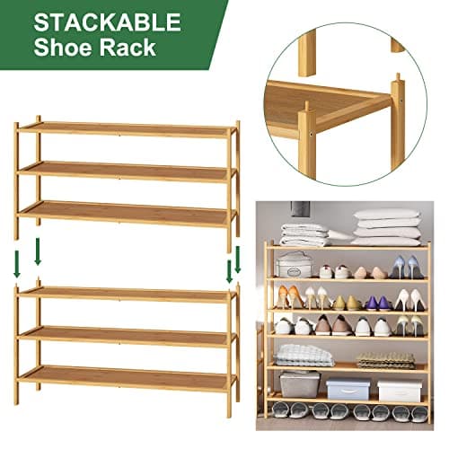 Bamboo 3-Tier Long Shoe Rack for Entryway | Foldable & Stackable Shoe Organizer