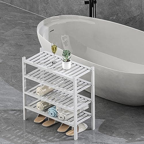 Bamboo 2-Tier Shoe Organizer - White, Free-Standing Closet Storage