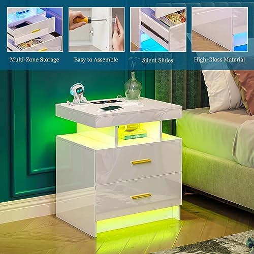 High Gloss Nightstand with USB/Wireless Charging, LED White Side Table with Storage Drawers