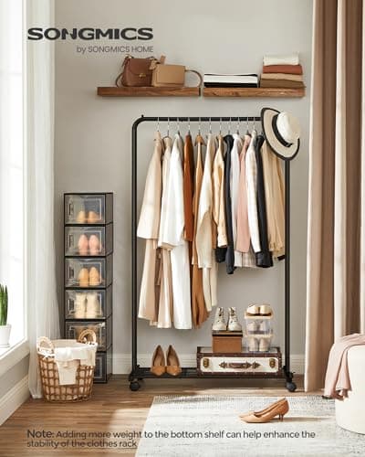 SONGMICS 25.4 mm Metal Coated Clothes Rack with Dense Mesh Shelf, 110 lb Capacity, 2 Brakes, Black