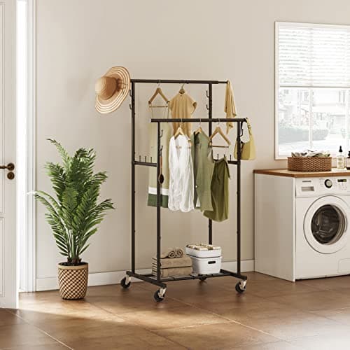 Double Rod Rolling Clothes Rack for Hanging Clothes, Portable Metal Clothing Rack with Wheels, Black (64.2 inches)