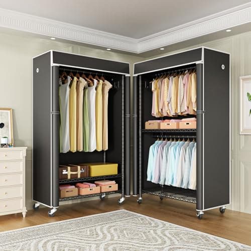 P1C Rolling Metal Closet Rack with Cover, Black, 450LB Load Capacity