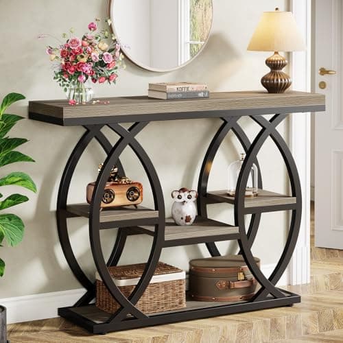 Tribesigns Industrial 4-Tier Console Table with Storage, Rustic Brown, Narrow Wood & Metal Frame