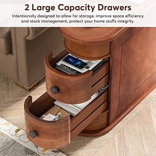 Little Tree End Table Set of 2, Wood with Drawers, Living Room Sofa Side Table
