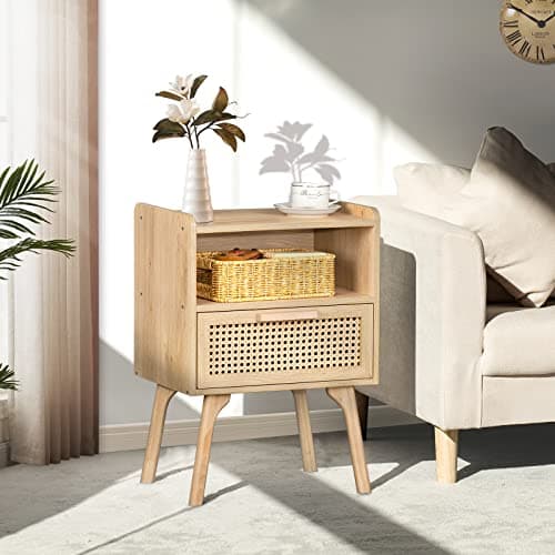 Lerliuo Natural Boho Rattan Nightstands Set of 2 with Drawer & Shelf for Bedroom Small Spaces