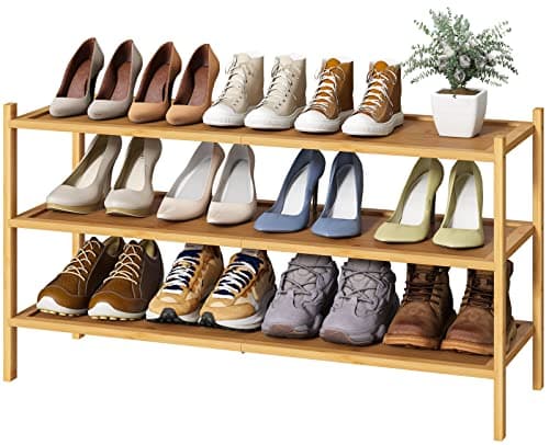 Bamboo 3-Tier Long Shoe Rack for Entryway | Foldable & Stackable Shoe Organizer