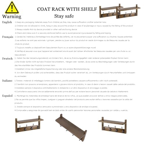 Bamboo Wall Mount Coat Rack with Shelf, 2 Pack, 8 Hooks (Natural)